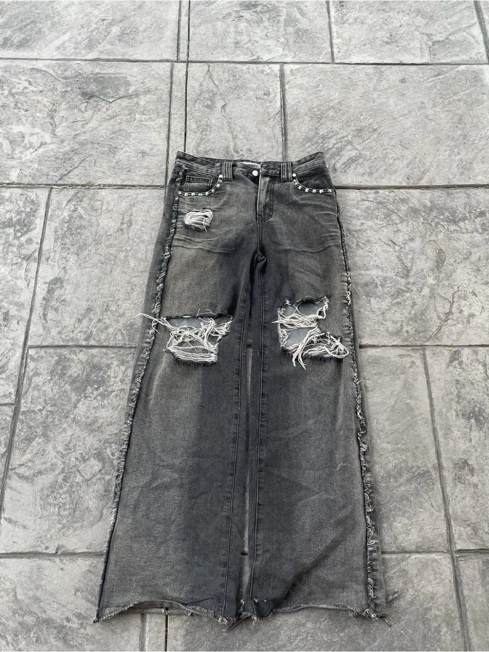 Black Distressed Wide-Leg  Jeans with Raw Edge Details